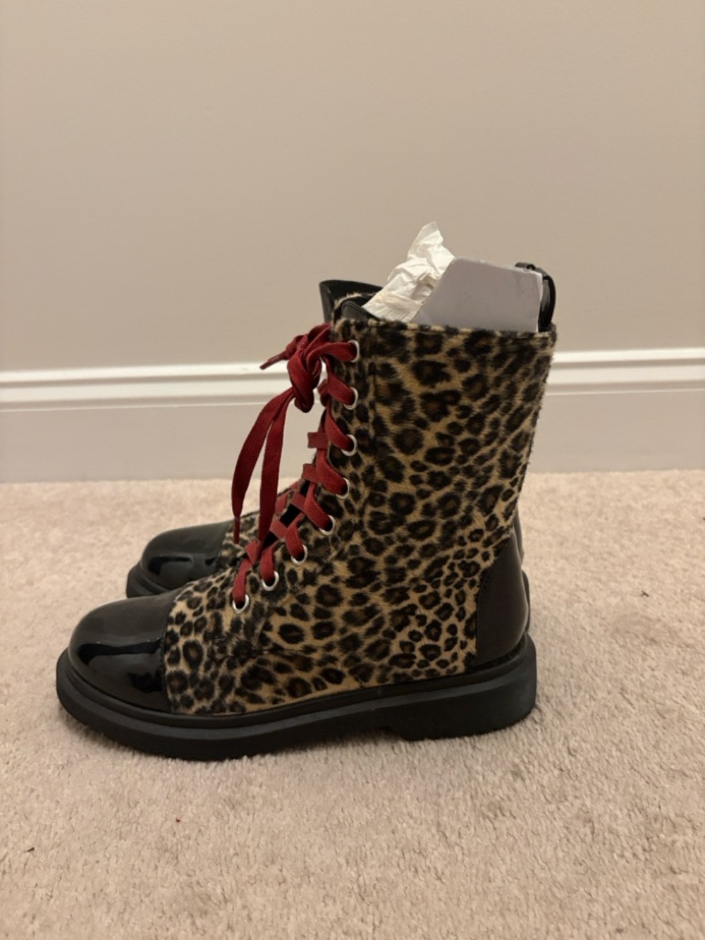 Current Mood Leopard Print Combat Boots with Red Laces